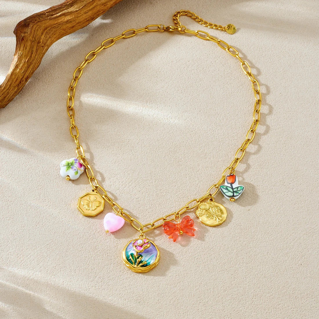Flower Butterfly Bow Heart Pendant Gold Charm Necklace - Stainless Steel - Womens