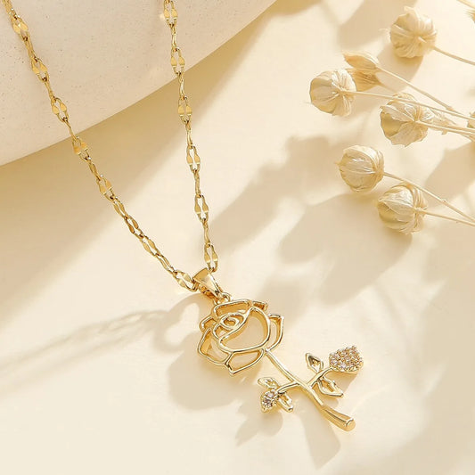 Dainty Flower Rose Gold Pendant Necklace - Womens