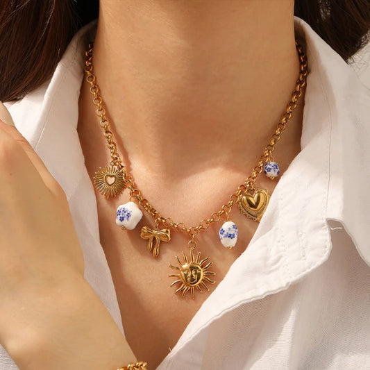 Sun Bow Ceramic Flower Heart Pendant Gold Charm Necklace - Stainless Steel - Womens