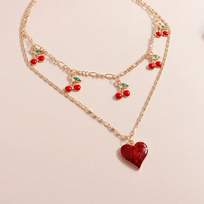 Boho Cherry Red Heart Pendant Gold Charm Necklace - Womens