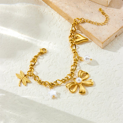 Coquette Bow Heart Pearl Gold Charm Bracelet - Womens