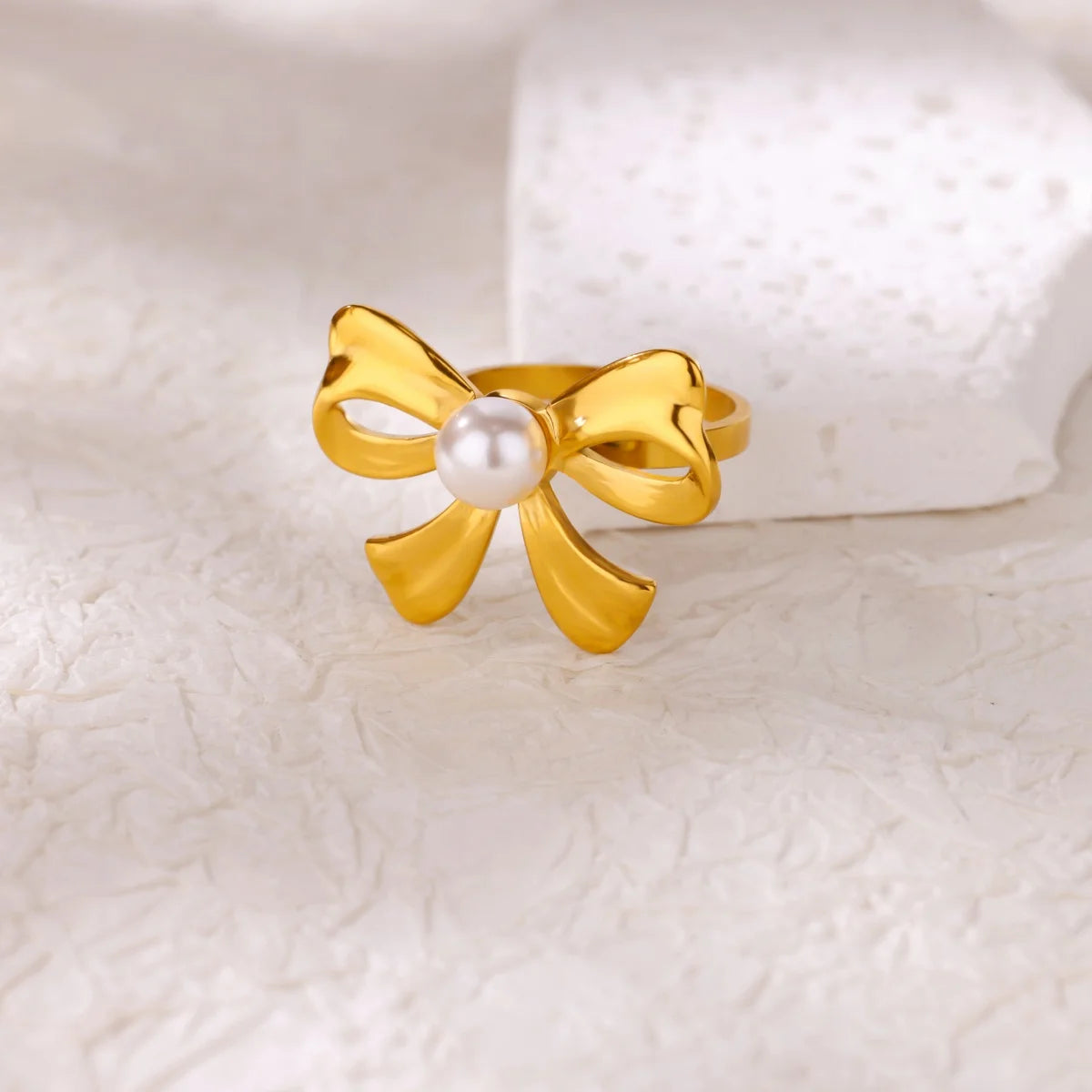 Coquette White Pearl Gold Bow Adjustable Ring - Womens