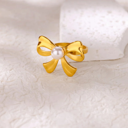 Coquette White Pearl Gold Bow Adjustable Ring - Womens