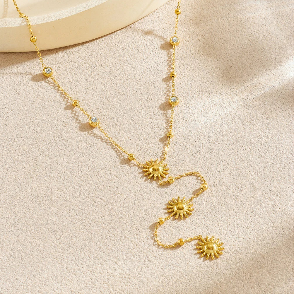 Zircon Gemstone Sun Pendant Lariat Gold Charm Necklace - Stainless Steel - Womens