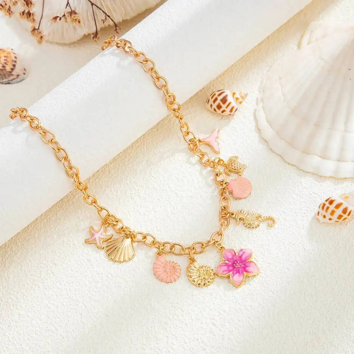 Boho Beach Pink Conch Shell Flower Pendant Gold Charm Necklace - Adjustable - Womens