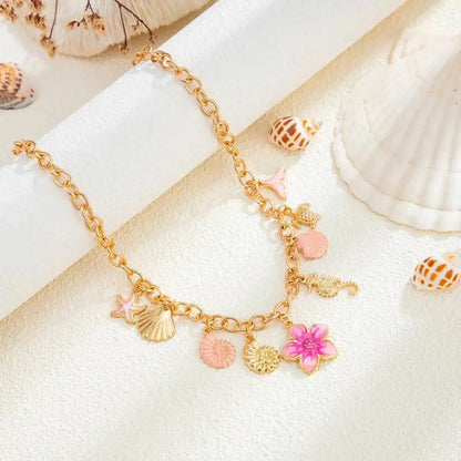 Boho Beach Pink Conch Shell Flower Pendant Gold Charm Necklace - Adjustable - Womens