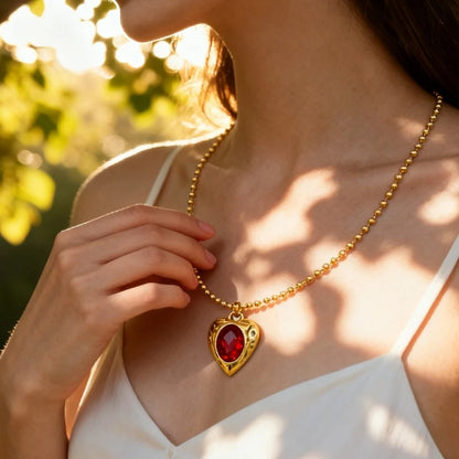 Red Heart Zircon Stone Gold Pendant Valentine's Necklace - Womens