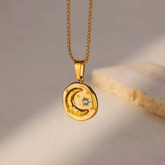 Blue Zircon Moon and Star Pendant Gold Charm Necklace - Stainless Steel - Womens