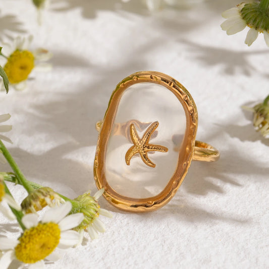 Boho Ocean Oval Starfish Hammer Pattern Adjustable Gold Ring - Womens