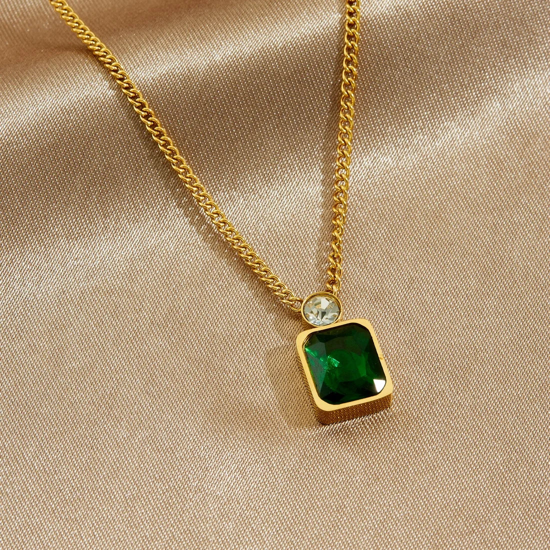Zircon Emerald Pendant Gold Charm Necklace - Stainless Steel - Womens