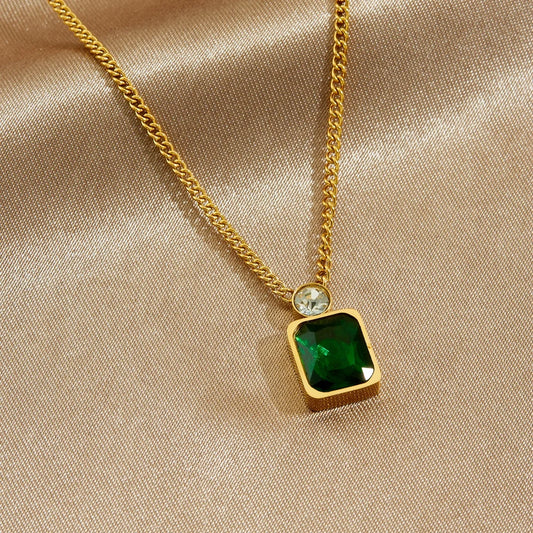Zircon Emerald Pendant Gold Charm Necklace - Stainless Steel - Womens