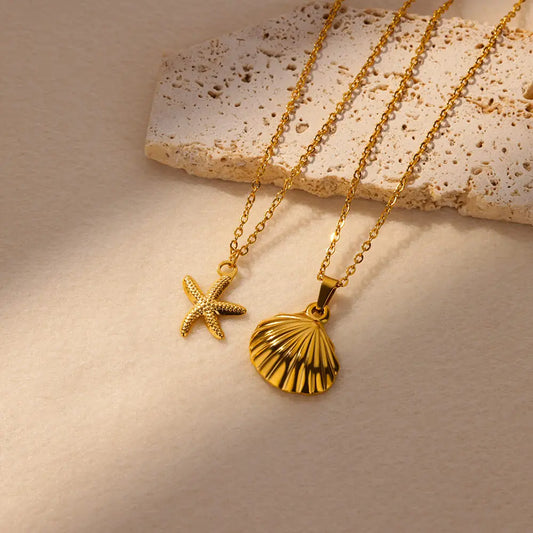 Bohemian Shell Starfish Pendant Gold Chain Necklace - Womens