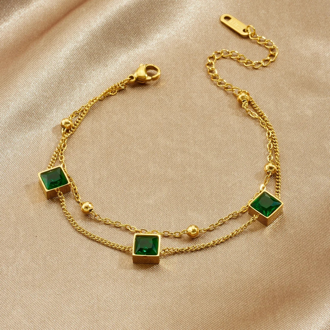Zircon Emerald Gemstone Inlay Gold Charm Bracelet - Stainless Steel - Womens