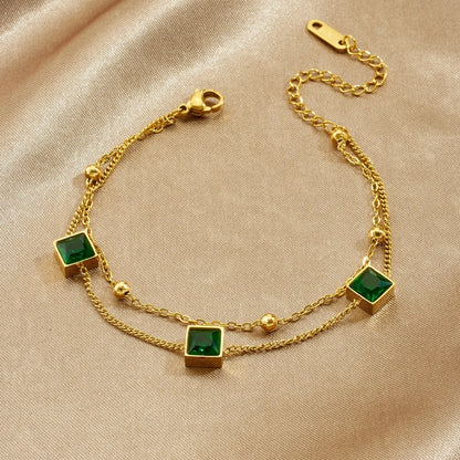 Zircon Emerald Gemstone Inlay Gold Charm Bracelet - Stainless Steel - Womens