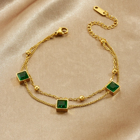 Zircon Emerald Gemstone Inlay Gold Charm Bracelet - Stainless Steel - Womens