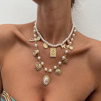 Coquette Heart Butterfly Flower Layered Pearl Pendant Charm Necklace - Womens