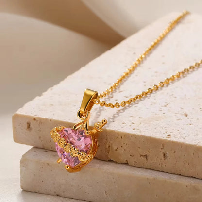 Pink Zircon Rose Heart and Sword Gold Pendant Valentine's Necklace - Womens