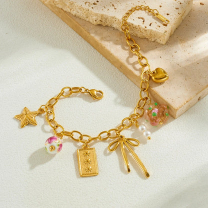 Coquette Bow Star Heart Gold Charm Bracelet - Womens
