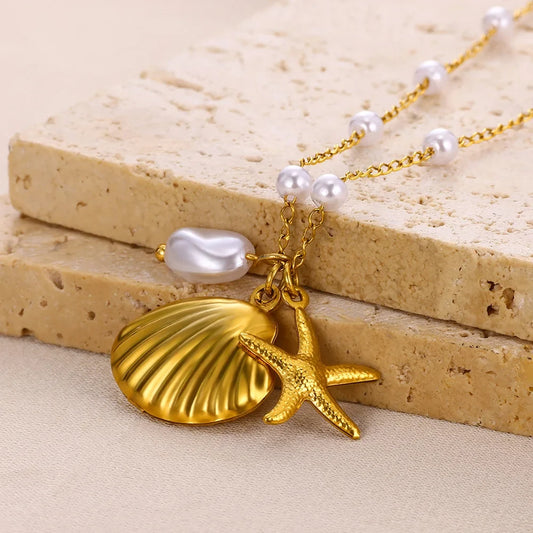 Boho Beach Pearl Shell Gold Charm Necklace - Womens