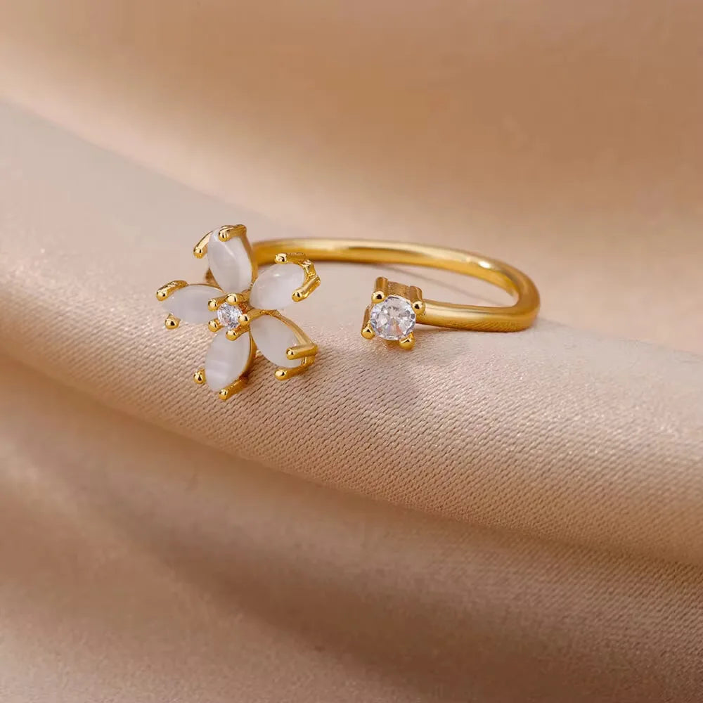 Dainty Zircon Flower Opal Gold Ring - Womens - Adjustable