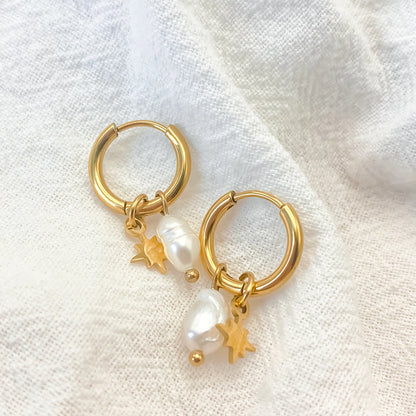 Dainty Star Baroque Pearl Dangle Gold Hoop Earrings - Stainless Steel - Womens