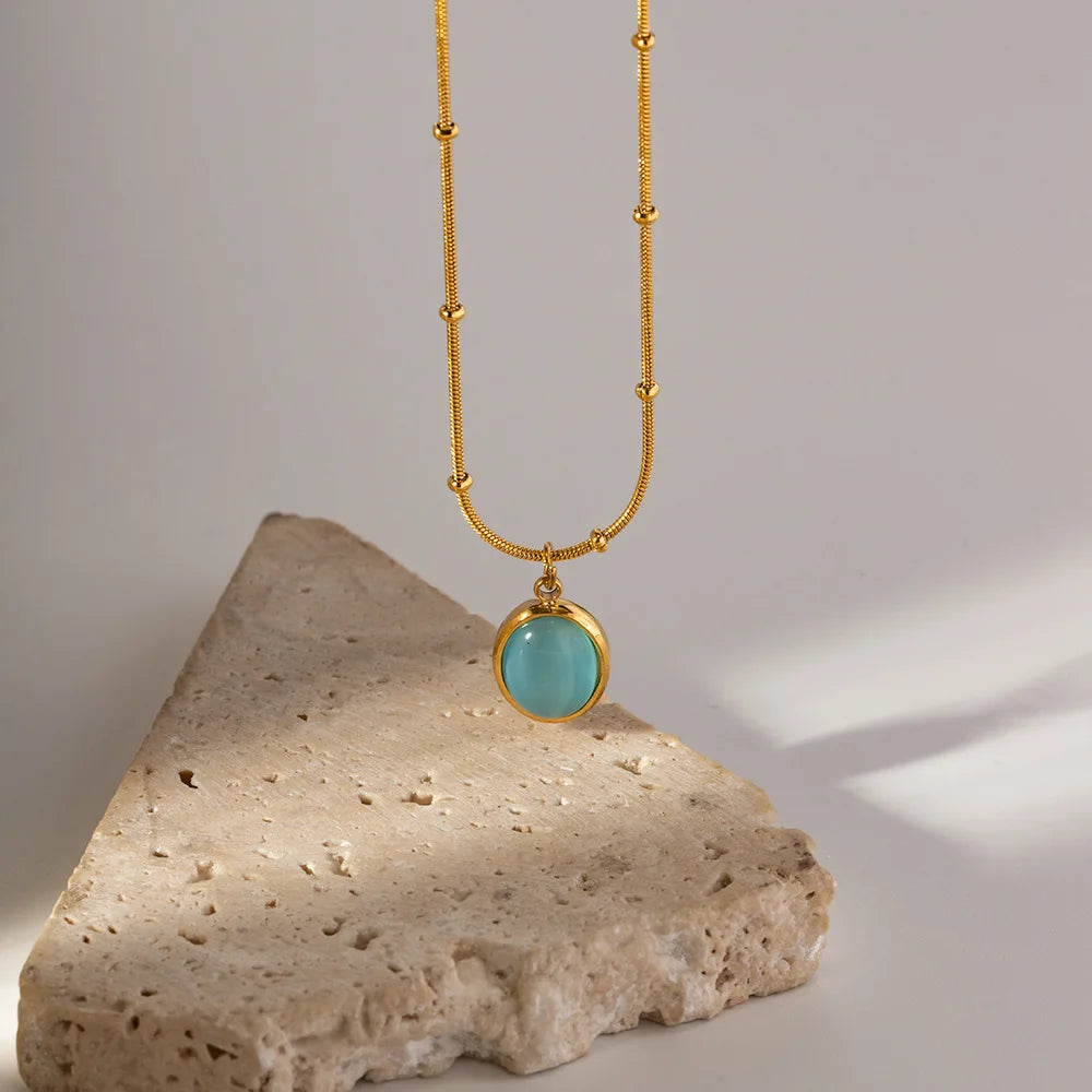 Boho Beach Blue Opal Gemstone Gold Pendant Necklace - Stainless Steel - Womens
