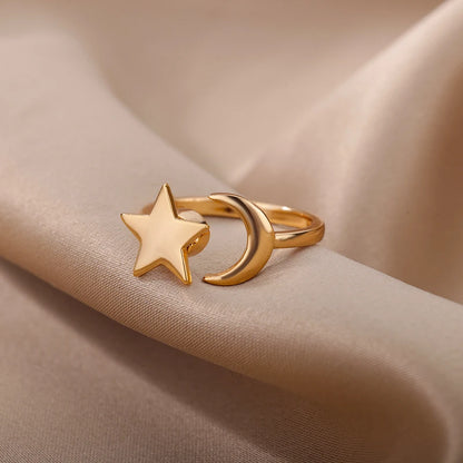Dainty Star and Moon Gold Adjustable Ring - Womens