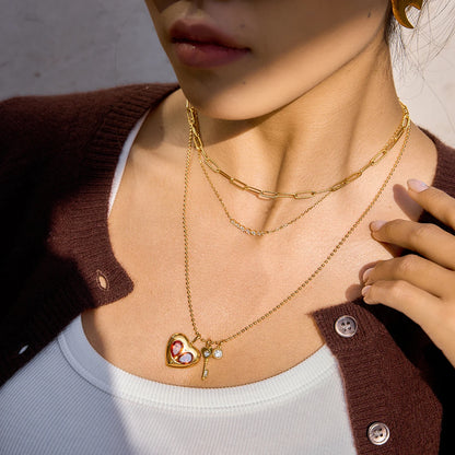Red Zircon Heart and Key Gold Pendant Valentine's Gift Necklace - Womens