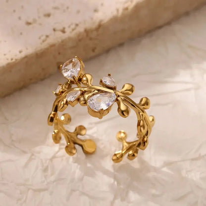 Vintage Zircon Gold Leaf Adjustable Ring - Womens