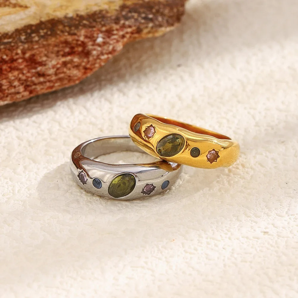 Cubic Zirconia Pink Blue & Green Gemstone Ring - Gold & Silver - Stainless Steel - Womens