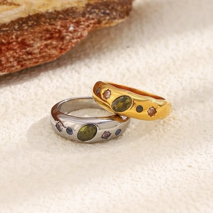 Cubic Zirconia Pink Blue & Green Gemstone Ring - Gold & Silver - Stainless Steel - Womens