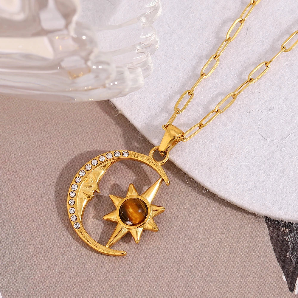 Crescent Moon Star Zircon Gold Pendant Necklace - Womens
