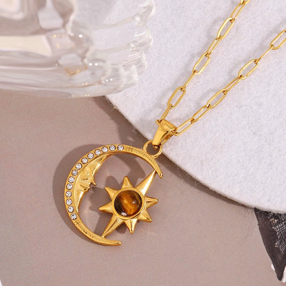 Crescent Moon Star Zircon Gold Pendant Necklace - Womens