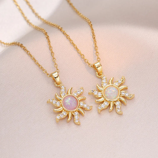 White & Pink Opal Sun Zircon Pendant Necklace - Womens
