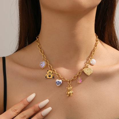 Pearl Teddy Bear Heart Pendant Gold Charm Necklace - Stainless Steel - Womens