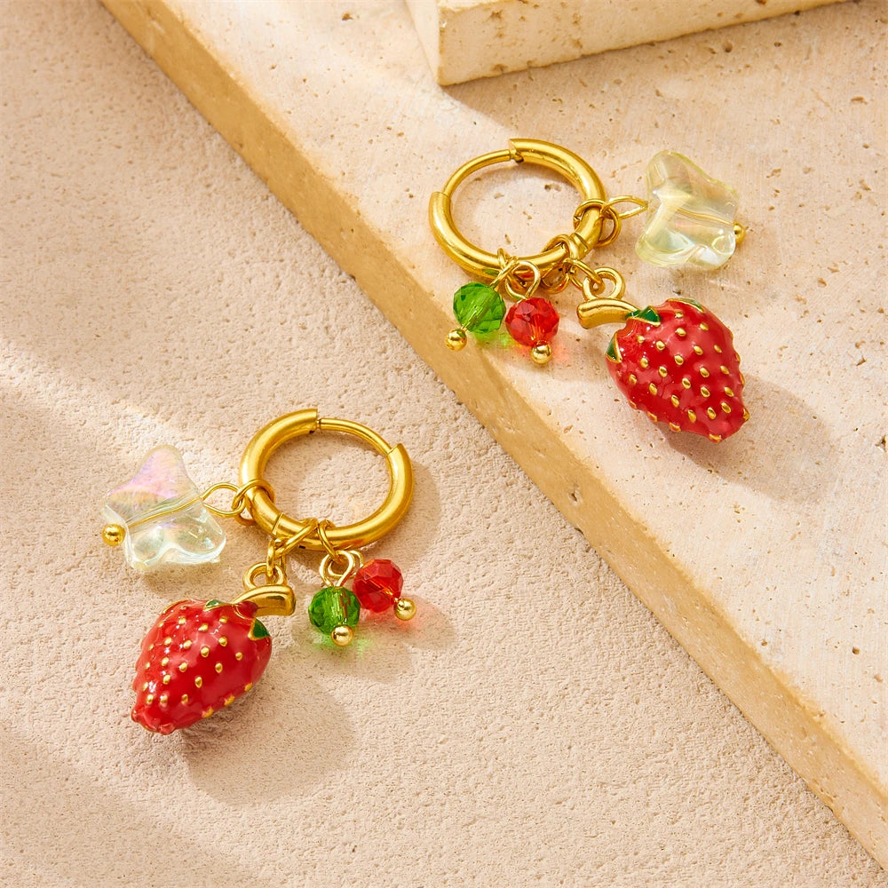 Strawberry Butterfly Dangle Gold Hoop Earrings - Womens