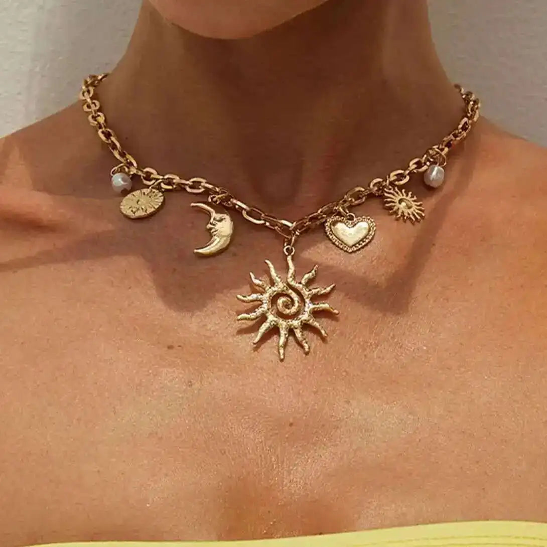 Heart, Sun and Moon Pearl Gold Pendant Charm Necklace - Womens