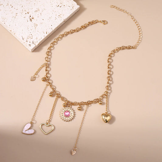 Y2K Love Heart Pink & Gold Pendant Charm Necklace - Womens