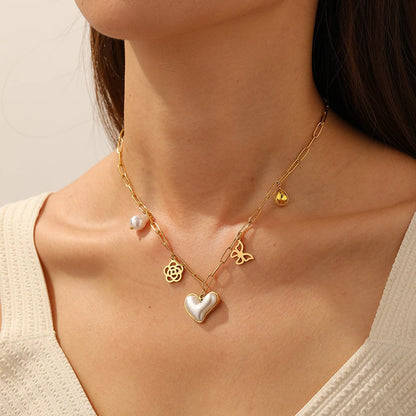 Coquette Pearl Heart Flower Butterfly Gold Pendant Charm Necklace - Womens