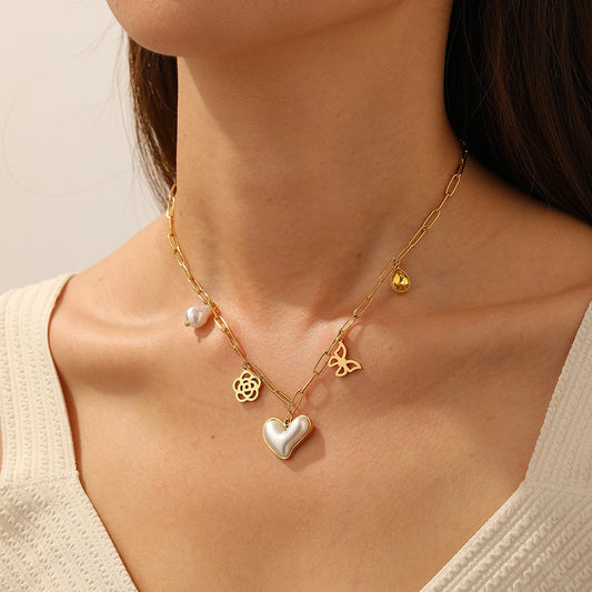 Coquette Pearl Heart Flower Butterfly Gold Pendant Charm Necklace - Womens