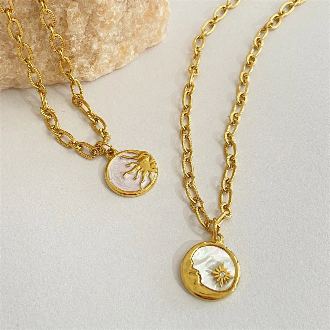 Vintage Sun and Moon Shell Gold Coin Pendant Necklace - Womens