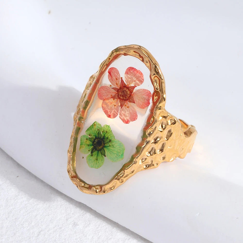 Vintage Pressed Flower Resin Adjustable Gold Ring - Womens