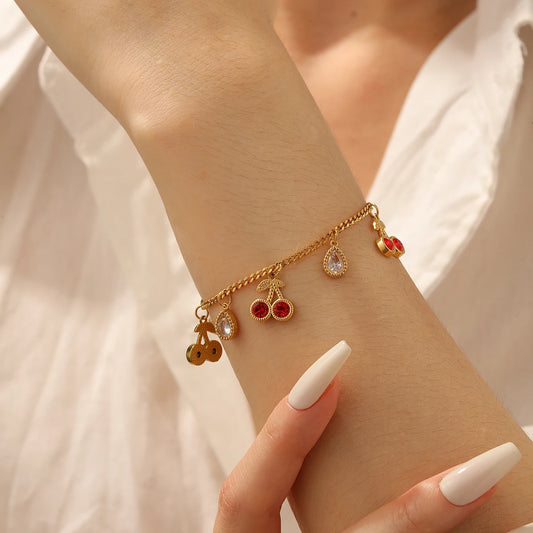 Red Zircon Inlay Cherry Gemstone Gold Charm Bracelet - Stainless Steel - Womens