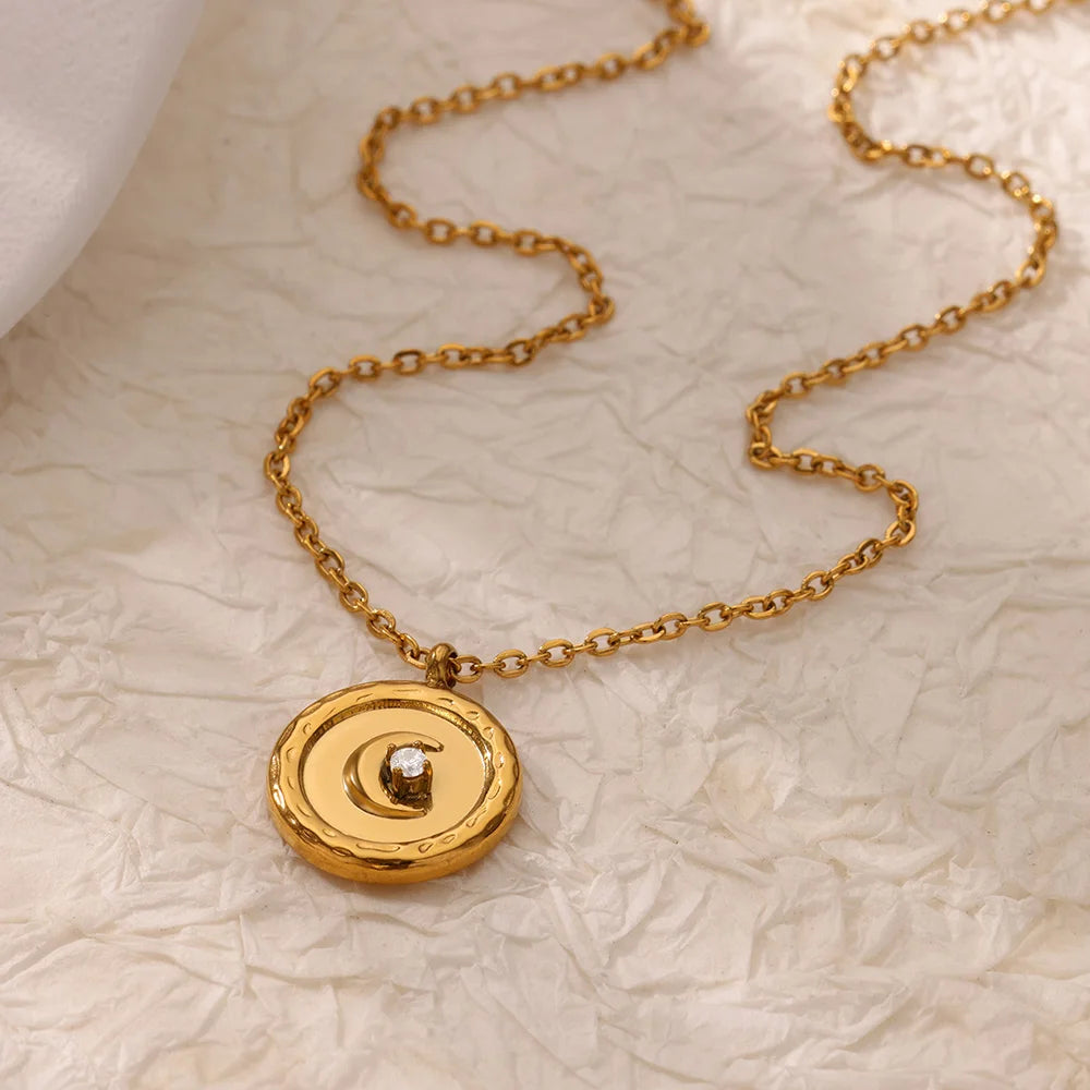 Zircon Star and Moon Pendant Charm Necklace Gold - Womens