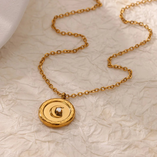 Zircon Star and Moon Pendant Charm Necklace Gold - Womens